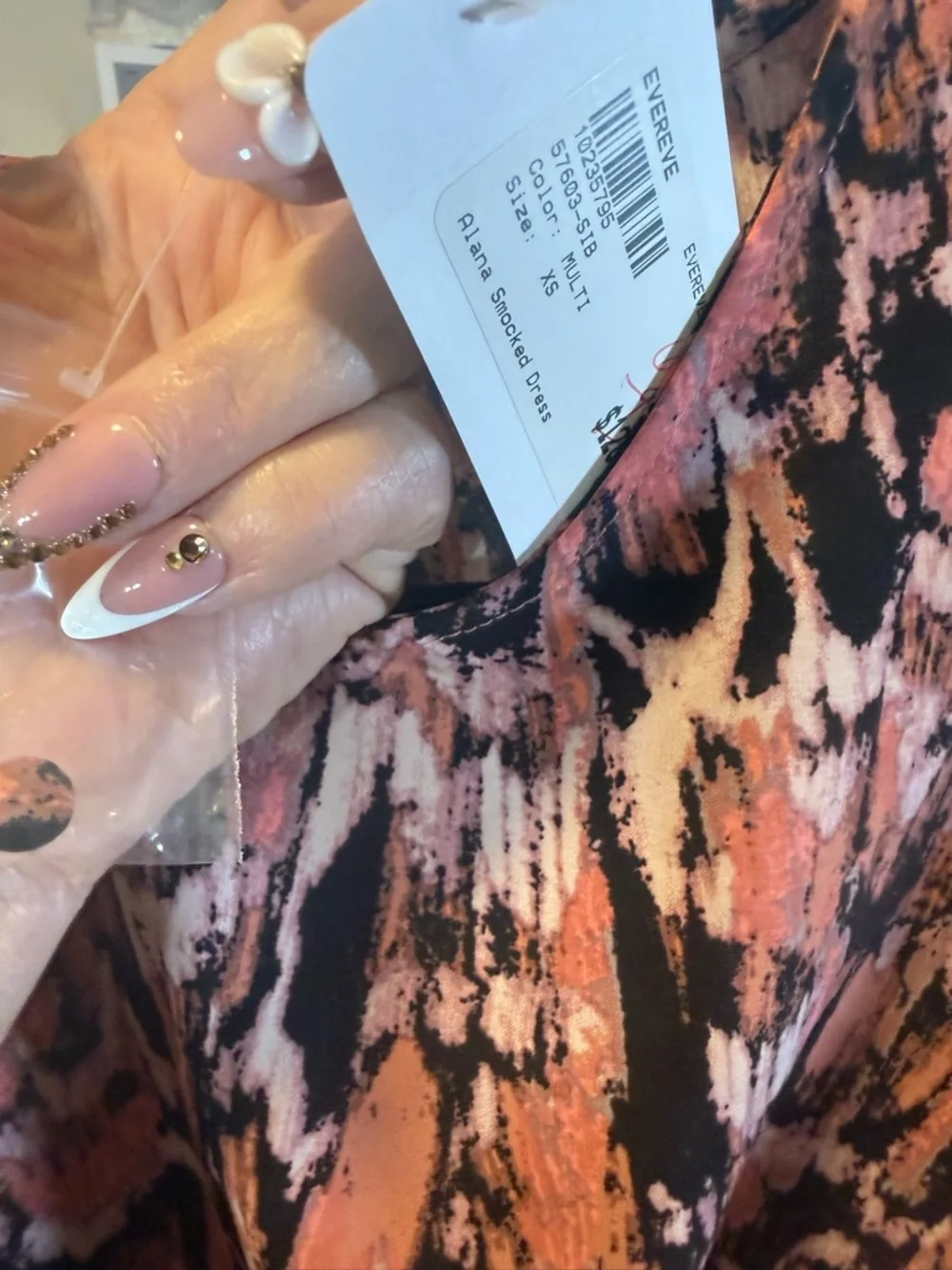 Evereve Smocked Midi Dress XS NWT $128 Rose Pink Black Print Pockets Flowy Boho